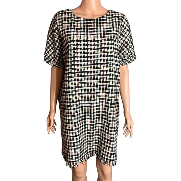 Zara Trafaluc Houndstooth Wool Blend Dress XL Tweed Fringed Hem Oversized Lined - Picture 1 of 6